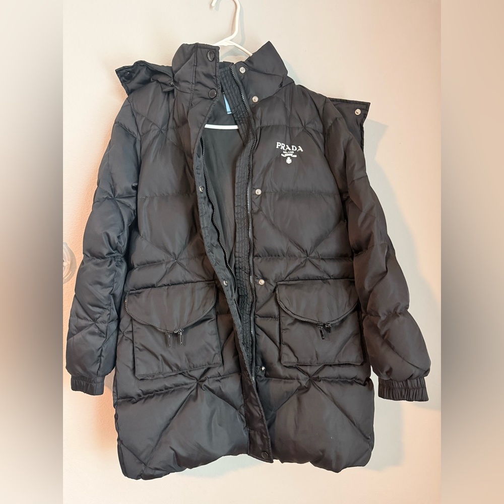 Prada Black Long Quilted Puffer Coat with Logo